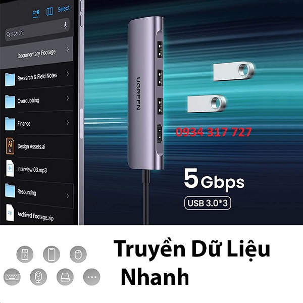 Cáp USB Type C to HDMI, USB 3.0, đọc thẻ SD/TF cao cấp Hãng SX : Ugreen